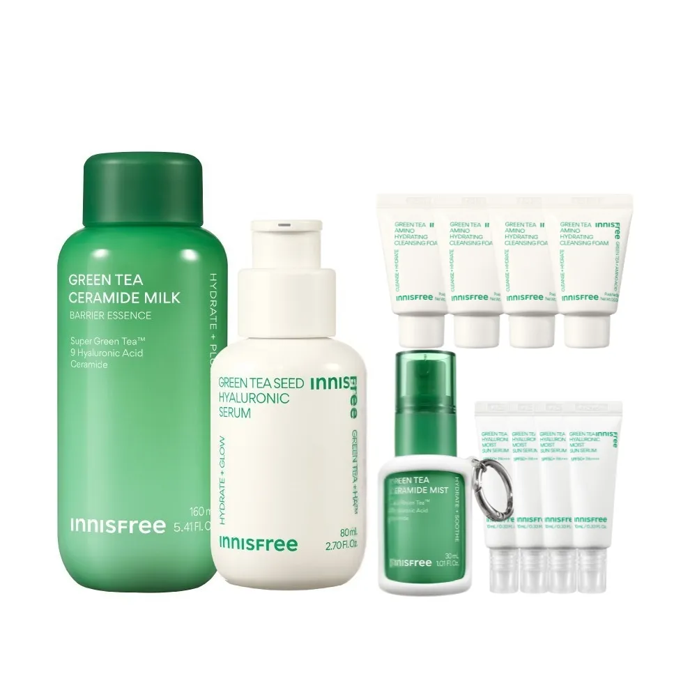 【innisfree】綠茶加倍保濕雙星組(80ml+160ml/保濕精華、牛奶水精華)