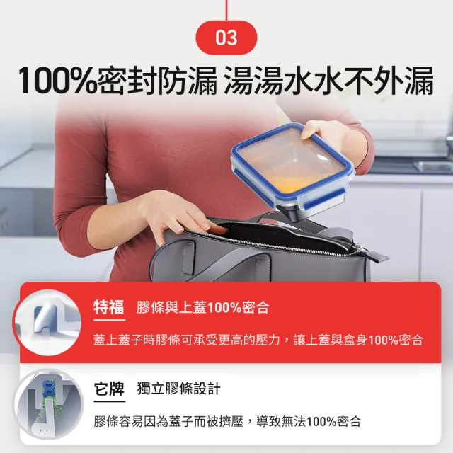 【Tefal 特福】無縫膠圈可微波不鏽鋼保鮮盒/便當盒_1.2L(3入組)