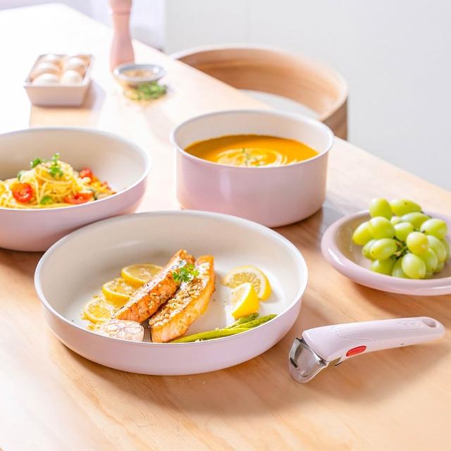 【Tefal 特福】MOMO獨家 巧變精靈系列可拆式不沾鍋3鍋4件組-蜜桃粉(IH爐可用鍋/電磁爐適用/露營好攜帶)
