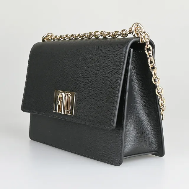 【FURLA 芙拉】FURLA 1927系列牛皮旋扣式肩斜背鍊帶包(小/黑)