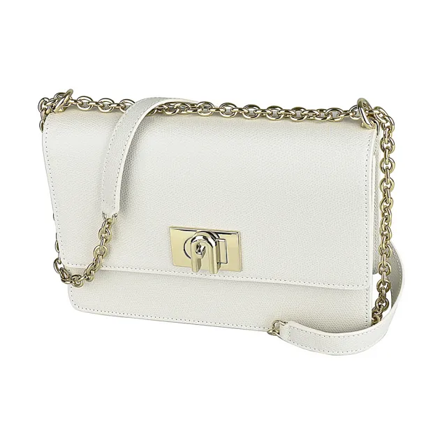 【FURLA 芙拉】FURLA 1927系列牛皮旋扣式肩斜背鍊帶包(小/珍珠白)