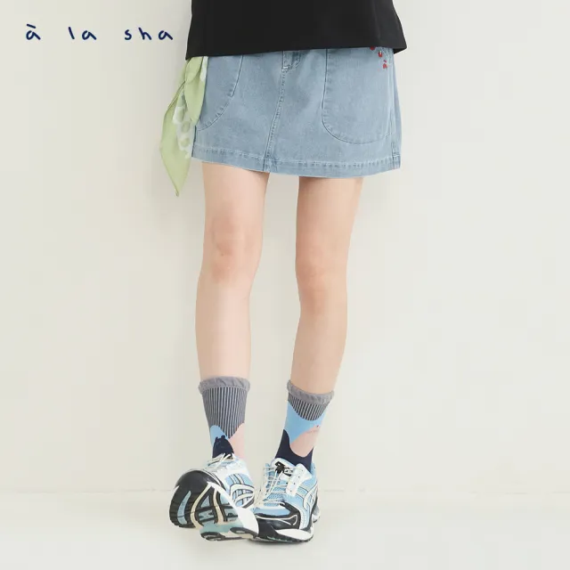 【a la sha】俏皮miao造型剪接牛仔短褲裙