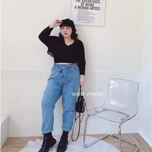 【Want-Meow】95公斤可穿/獨家自訂不對稱鬆緊褲頭破洞哈倫牛仔褲中高腰牛仔長褲牛仔褲(大尺碼/大碼/牛仔褲)