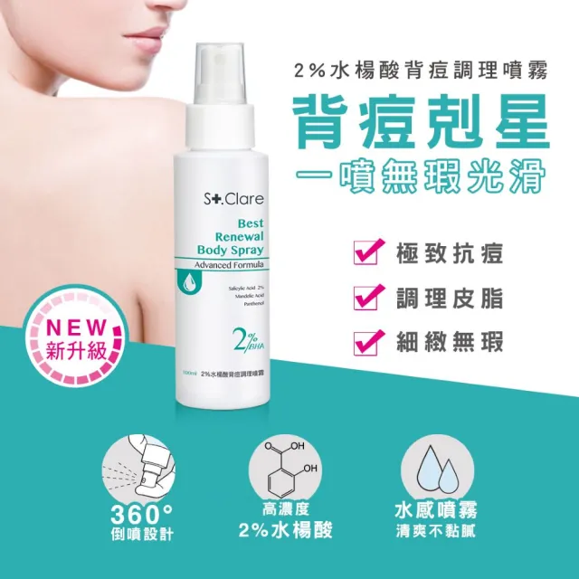 【St.Clare 聖克萊爾】2%水楊酸(淨痘美體乳100ml+背痘噴霧100ml)+10%果酸煥白美體噴霧100ml