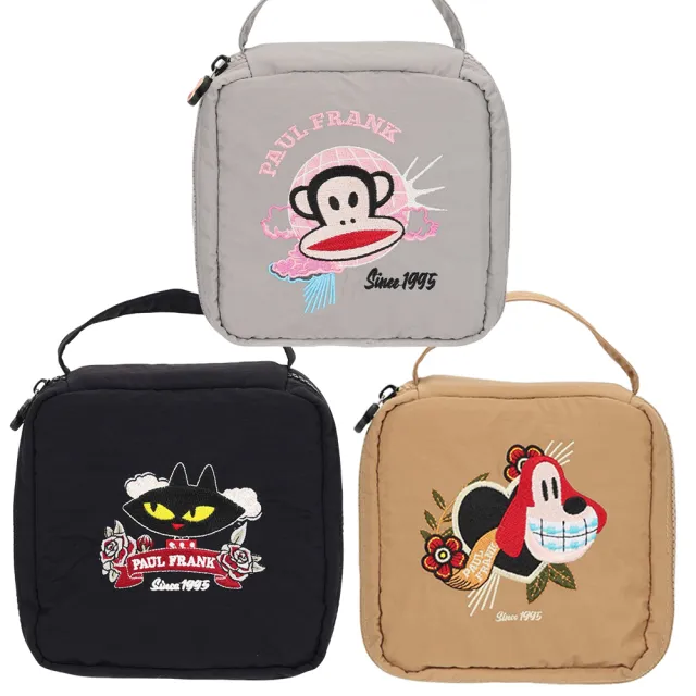 【Paul Frank 大嘴猴】雙11 官方直營  品牌刺繡盥洗包(淺灰色/黑色/中卡其色)