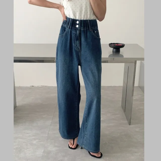 【Want-Meow】110公斤可穿/獨家鬆緊褲頭有彈性牛仔寬褲中高腰牛仔長褲牛仔褲(大尺碼/大碼/牛仔褲)