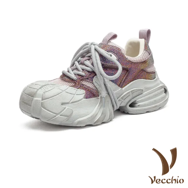 【Vecchio】真皮老爹鞋 厚底老爹鞋/真皮細閃華麗燙鑽網面拼接厚底老爹鞋 運動鞋(紫)