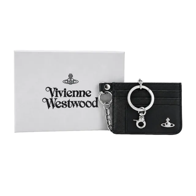 【Vivienne Westwood】經典土星水洗皮革卡片夾/附掛鍊-黑