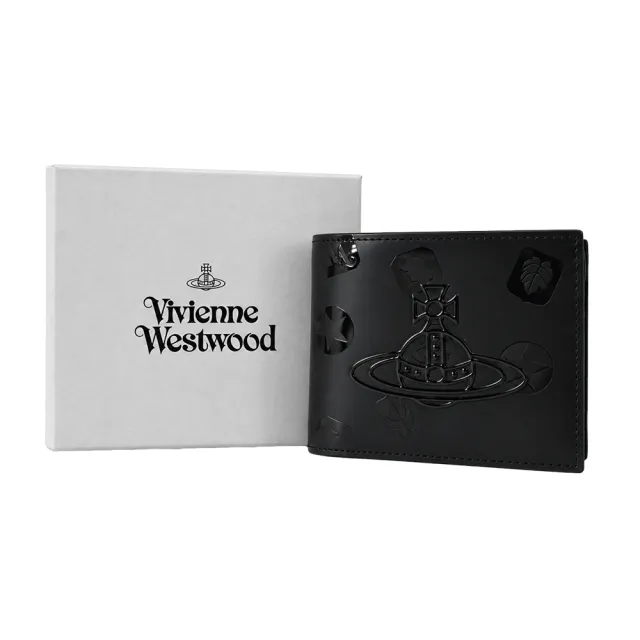 【Vivienne Westwood】漆光土星logo皮革短夾/含零錢袋-黑
