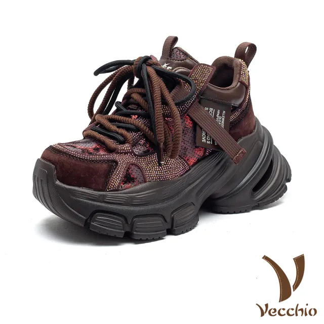 【Vecchio】真皮老爹鞋 厚底老爹鞋/真皮細閃燙鑽撞色拼貼鬆糕厚底老爹鞋 運動鞋(棕)