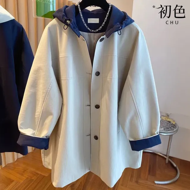 【初色】英倫風撞色拼接排釦寬鬆遮肉連帽長袖外套女外套-共2色-54061(M-4XL可選★)