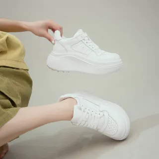 【Vecchio】真皮休閒鞋 厚底休閒鞋/全真皮頭層牛皮時尚拼接鬆糕厚底內增高休閒運動鞋(米)