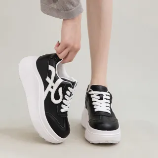 【Vecchio】真皮休閒鞋 厚底休閒鞋/全真皮頭層牛皮復古鬆糕厚底休閒運動鞋(黑)