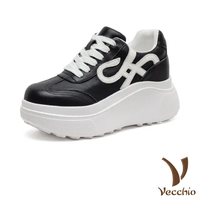 【Vecchio】真皮休閒鞋 厚底休閒鞋/全真皮頭層牛皮復古鬆糕厚底休閒運動鞋(黑)