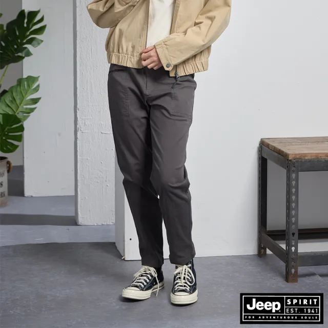 【JEEP】女裝 彈性人字紋休閒風長褲-深灰色