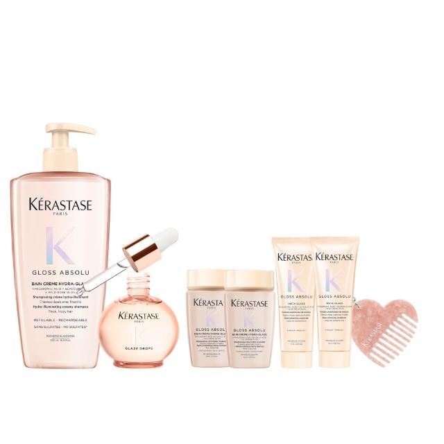 【KERASTASE 巴黎卡詩】釉光香頌玫瑰護髮精油45ml+髮浴500ml(全新上市/小粉球/柔順/抗躁/蓬彈)