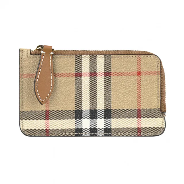 【BURBERRY 巴寶莉】BURBERRY精品格紋帆布小牛皮卡夾拉鍊零錢包(4卡/典藏米X棕)