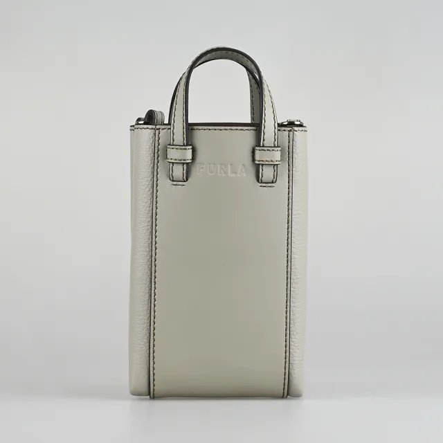 【FURLA 芙拉】FURLA MIASTELLA字母壓印LOGO小牛皮手提斜背兩用包(中/大理石灰x棕)