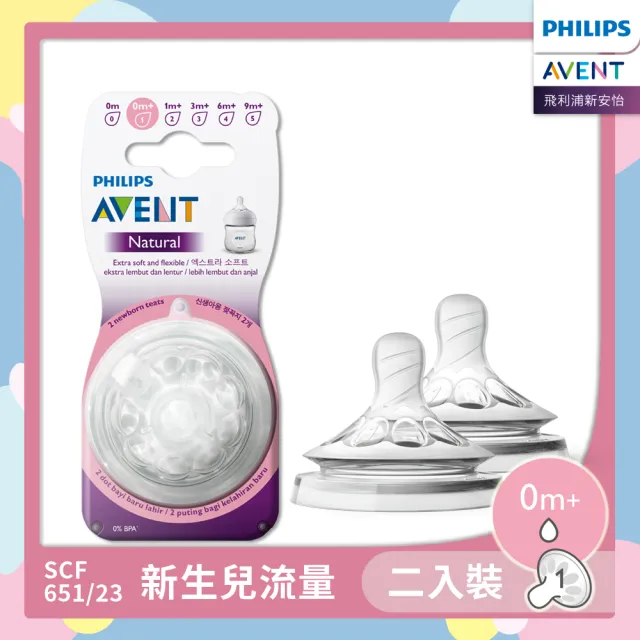 【PHILIPS AVENT】飛利浦新安怡 親乳感防脹氣奶嘴雙入裝 新生兒流量 0M+單孔一號嘴(SCF651/23)