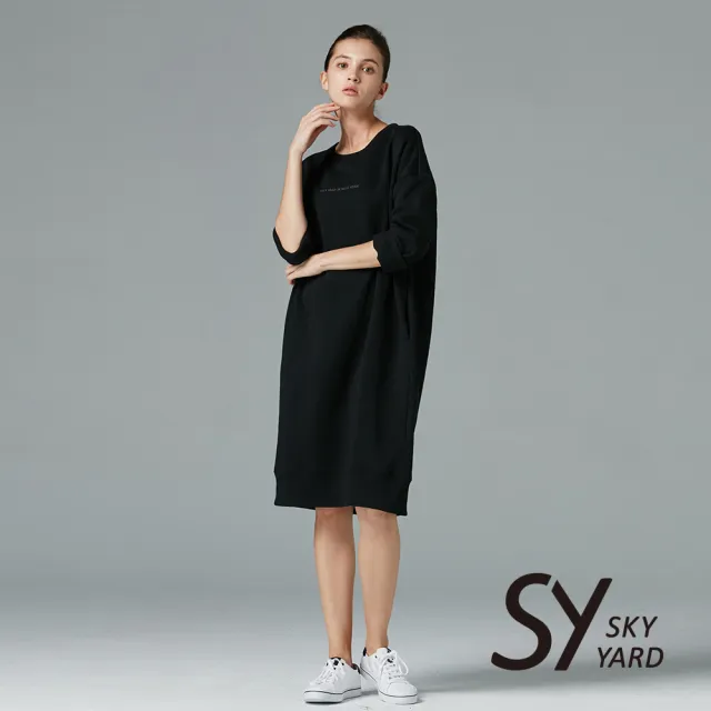 【SKY YARD】簡約刺繡內刷毛長版上衣-黑色