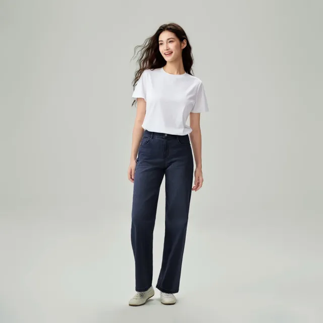 【GIORDANO 佐丹奴】女裝高彈力柔軟顯瘦寬版牛仔褲(80 靛藍)