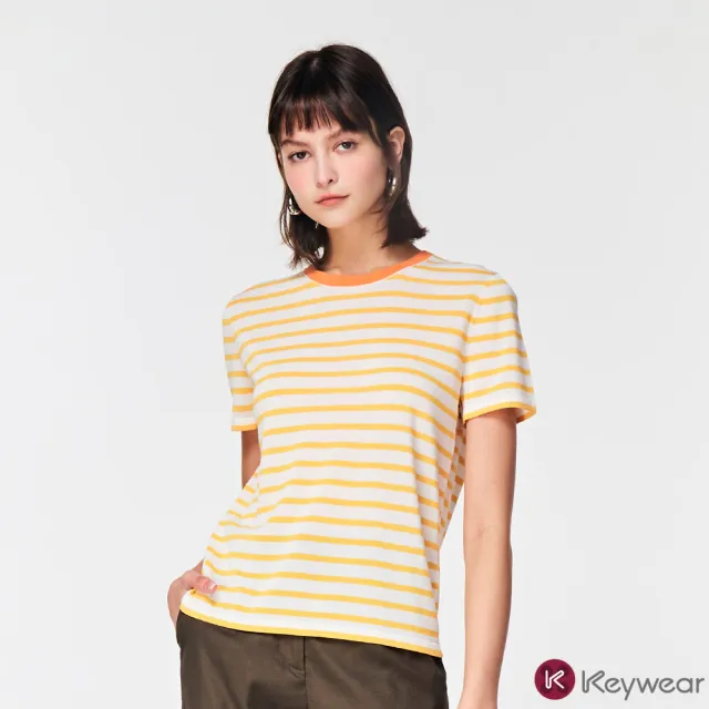 【KeyWear 奇威名品】機能涼感抗菌百搭條紋針織短袖上衣T恤(共7色)