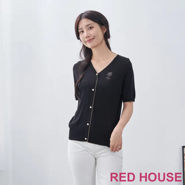 【RED HOUSE 蕾赫斯】花朵水鑽點綴V領針織衫(共2色)