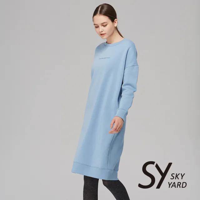 【SKY YARD】簡約刺繡內刷毛長版上衣-藍色