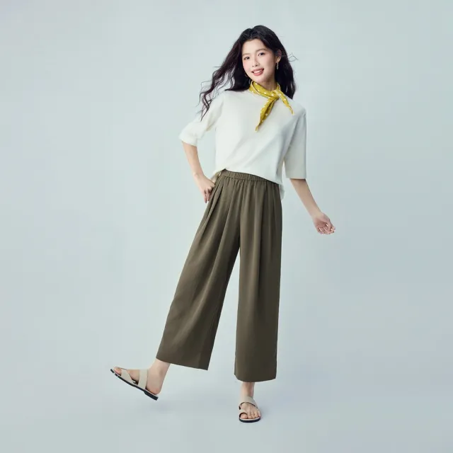 【GIORDANO 佐丹奴】女裝肌理感鬆緊腰闊腿九分褲(13 軍綠)
