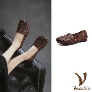 【Vecchio】真皮樂福鞋 低跟樂福鞋/全真皮頭層牛皮擦色縷空編織透氣低跟樂福鞋(咖)