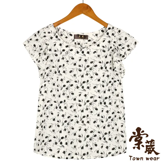 【TOWN’WEAR 棠葳】珠韻花繪荷葉上衣(女上衣/女上著/印花/荷葉袖/珍珠/甜美風/優雅風/氣質)