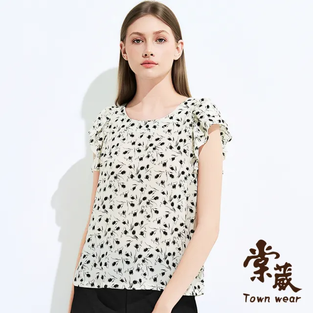 【TOWN’WEAR 棠葳】珠韻花繪荷葉上衣(女上衣/女上著/印花/荷葉袖/珍珠/甜美風/優雅風/氣質)