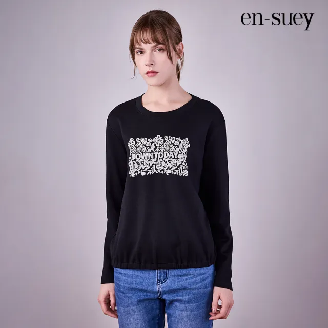 【en-suey 銀穗】複合式工藝印花圓領棉T上衣-女
