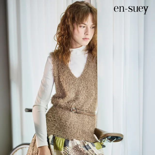 【en-suey 銀穗】輕盈長羽毛紗V領針織背心-女