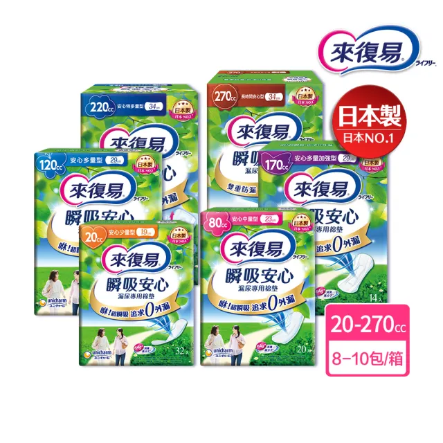 【來復易】瞬吸安心漏尿專用棉墊共8-10包/箱(少量/中量/多量/多量加強型/特多量/長時間型)