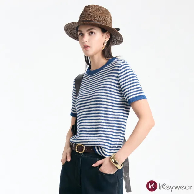 【KeyWear 奇威名品】撞色邊藍白條紋針織短袖上衣