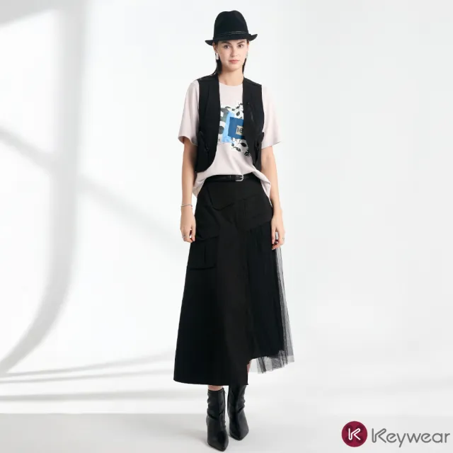 【KeyWear 奇威名品】異材質拼接百褶長裙