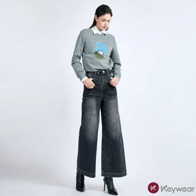 【KeyWear 奇威名品】復古水洗單寧牛仔褲寬褲