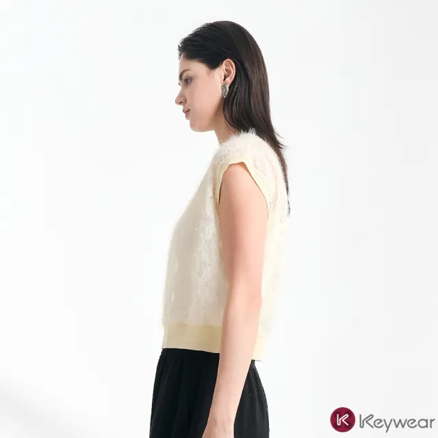 【KeyWear 奇威名品】柔杏蕾絲透紋無袖針織上衣