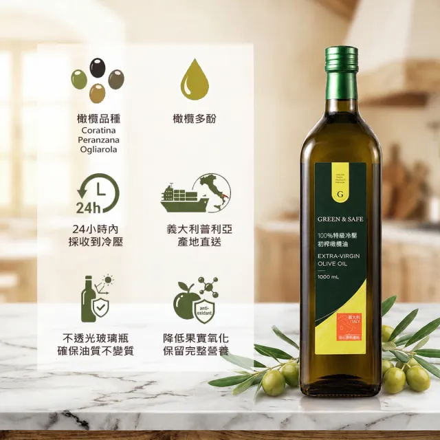 【GREEN&SAFE 永豐餘生技】義大利特級冷壓初榨橄欖油禮盒1000mlx3入(原裝進口/可生飲/Omage 9)