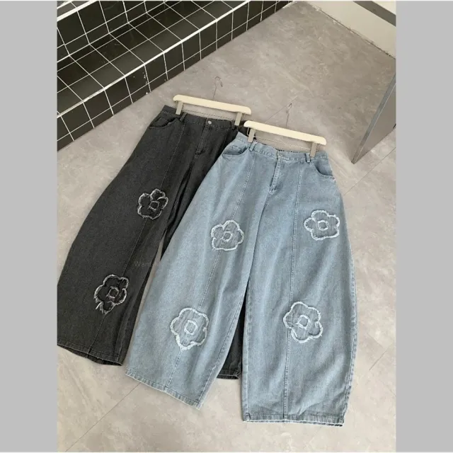 【Want-Meow】90公斤可穿/可愛花朵鬆緊腰寬鬆挺版彎刀褲長褲寬褲牛仔褲(大碼/大尺碼/加大碼/彎刀褲)