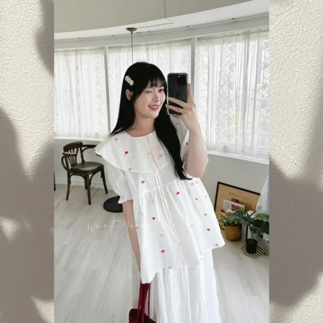【Want-Meow】90公斤可穿/甜到心坎！日系愛心刺繡大翻領襯衫疊加上衣短袖T(大碼上衣/大碼/大尺碼/短袖上衣)