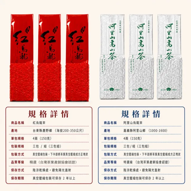 【台灣茶葉產銷協會】紅烏龍3包＋阿里山烏龍3包 雙茶6入組｜150g/包 共900g