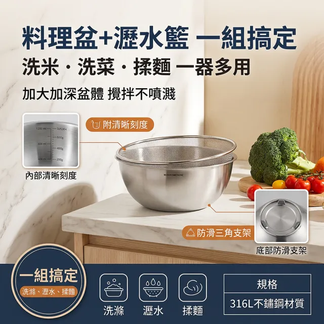 YISO易搜 瀝水籃 不鏽鋼料理盆 揉麵盆 洗菜盆 圓潤不刮手 耐鏽耐用(帶刻度/穩固不傾倒/不刮手)
