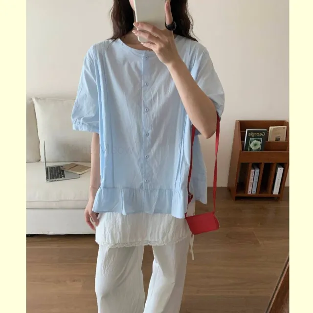 【Want-Meow】90公斤可穿/日系小清新前排釦下擺木耳邊短袖襯衫上衣短袖T(大碼上衣/大碼/大尺碼/短袖上衣)
