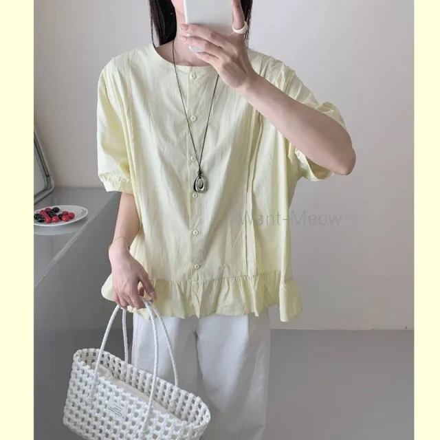【Want-Meow】90公斤可穿/日系小清新前排釦下擺木耳邊短袖襯衫上衣短袖T(大碼上衣/大碼/大尺碼/短袖上衣)