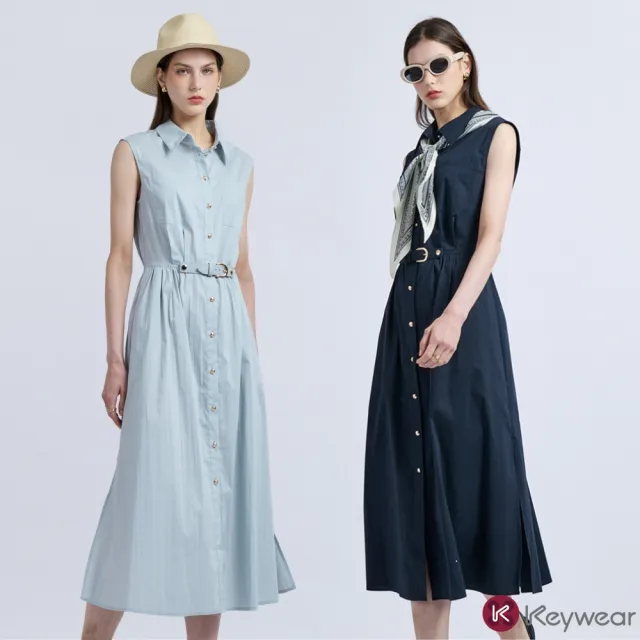 【KeyWear 奇威名品】襯衫領腰帶無袖洋裝(共2色)
