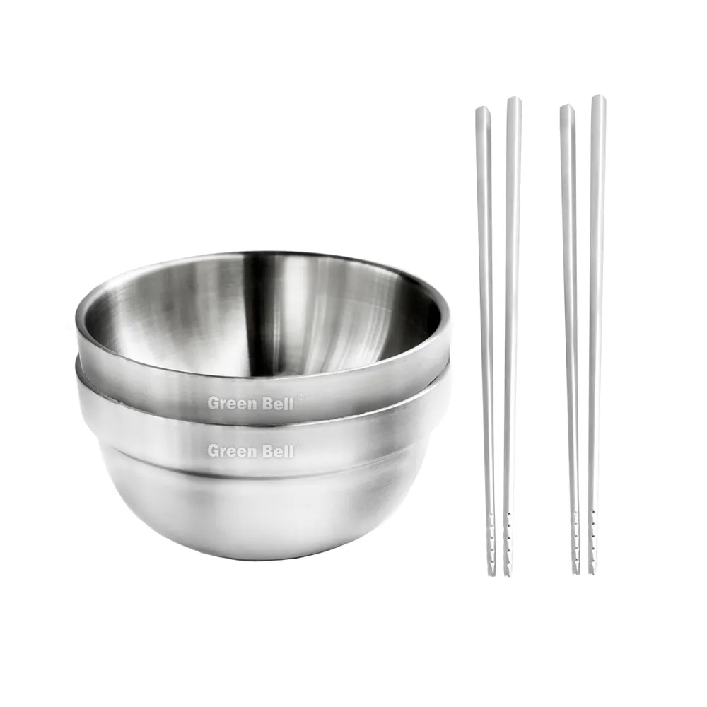 【GREEN BELL 綠貝】316不鏽鋼雙層隔熱碗筷4件組-15.5cm白金碗2入+316防滑筷2雙(防燙 耐酸 環保 SGS)
