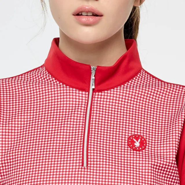 【PLAYBOY GOLF】女款千鳥格高爾夫長袖立領上衣-紅(環保素材/高爾夫球衫/KA25230-18)