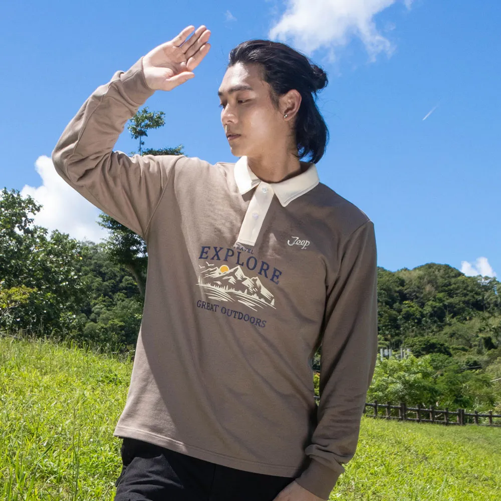 【JEEP】男裝 山岳圖騰印花長袖POLO衫(咖啡色)